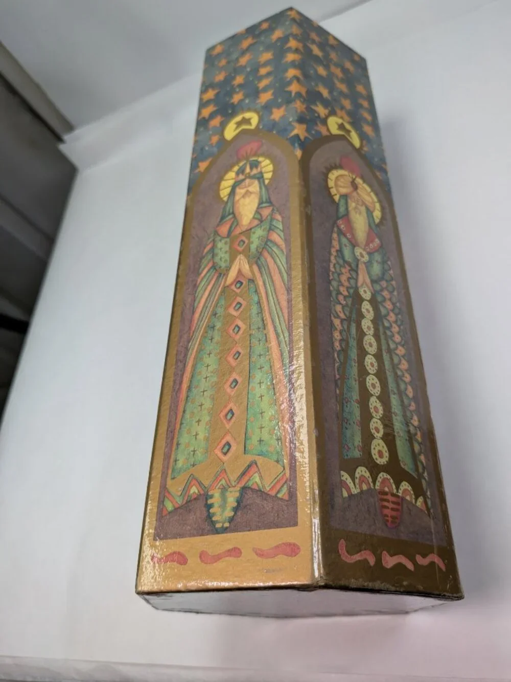 Vintage Three Kings Wise Men Saints Christmas Wine Gift Box Tall Hexagon 13
